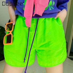 Spring Summer Fluorescent Green Pure Color Minimal Versatile Fashion Loose Elastic Waist Split Casual Quick-Drying Shorts Women