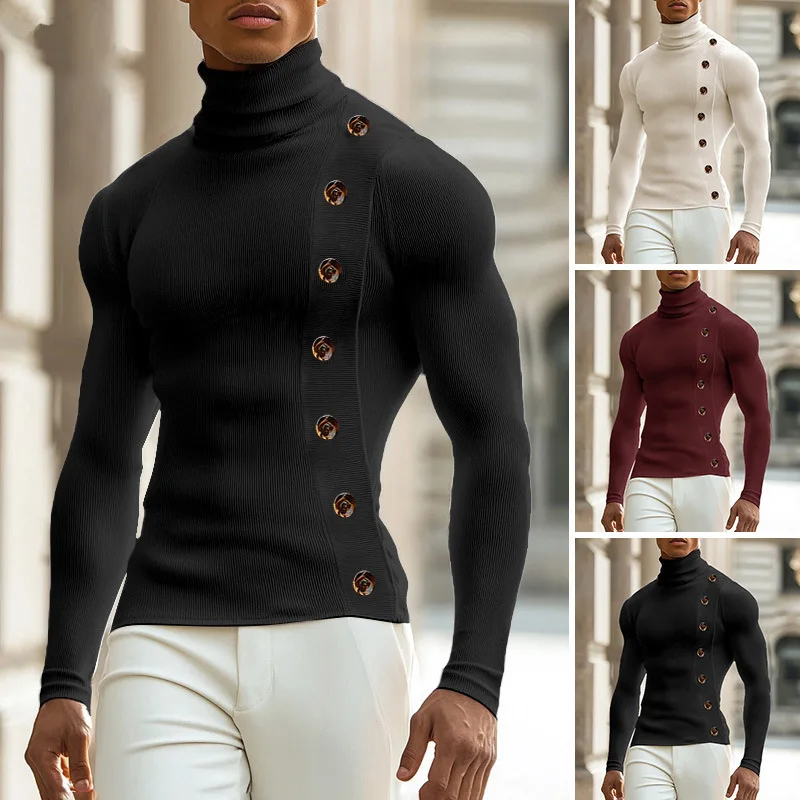 Mens Turtleneck Ribbed Knit Long Sleeve Top Slim Muscle Fit Asymmetric Side Buttons Decor Bodycon Casual Fashion Blouse