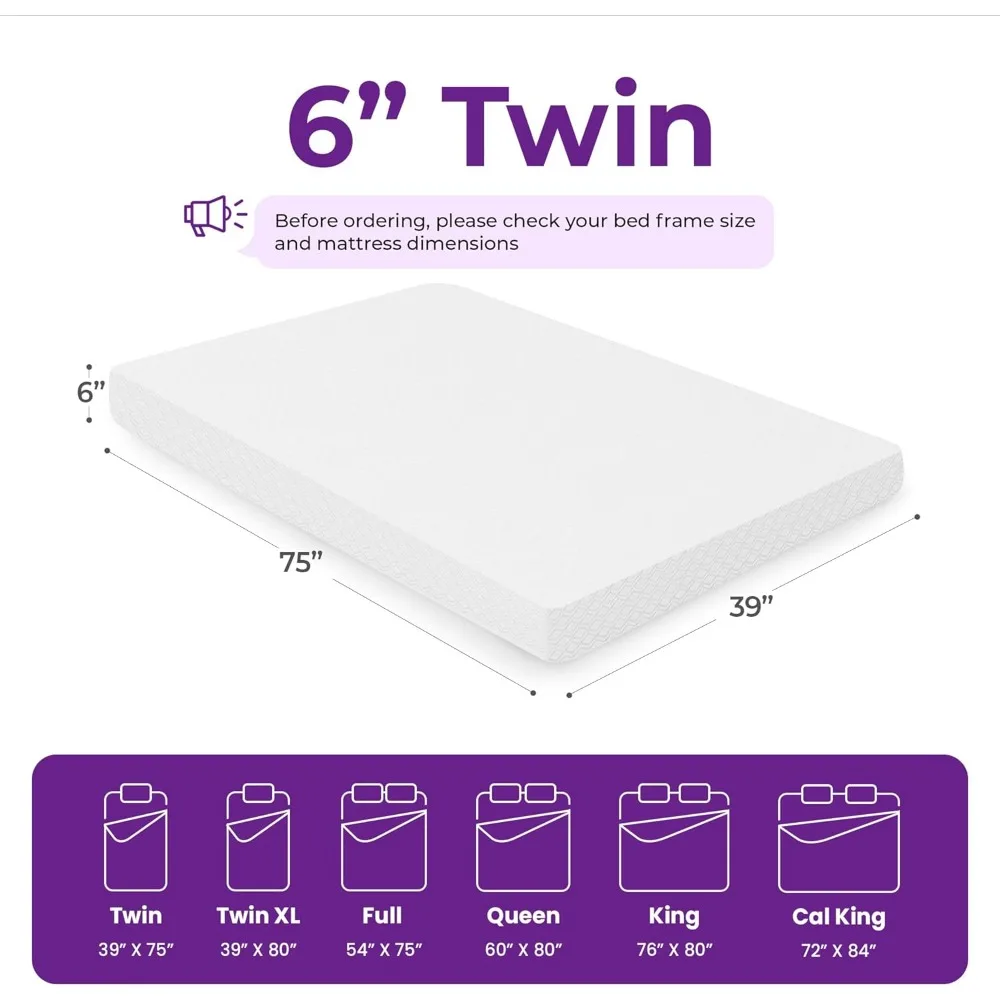 6 Inch Twin Cooling Memory Mattress Medium Firm CertiPUR-US Certified Pressure Relief & Cool Sleep Mattress-in-a-Box Comfort