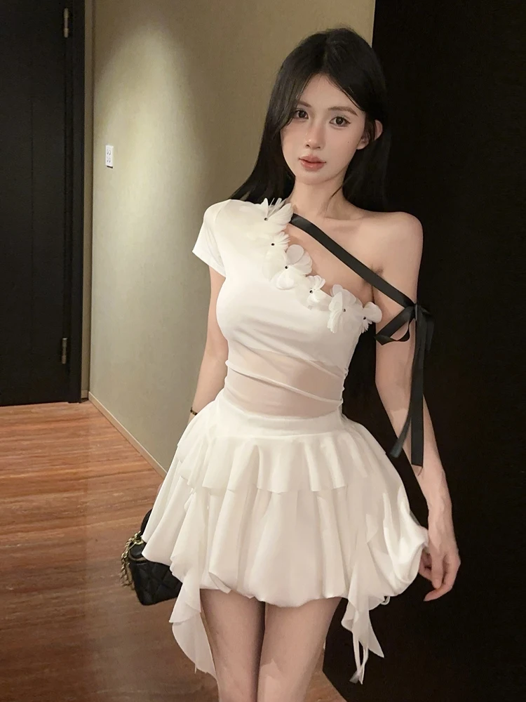

Pure Desire Sle ort Skirt Pants Set Lace Strap Asymmetrical Flower Bud Floral Print Sexy Summer Faion Women's Outfit