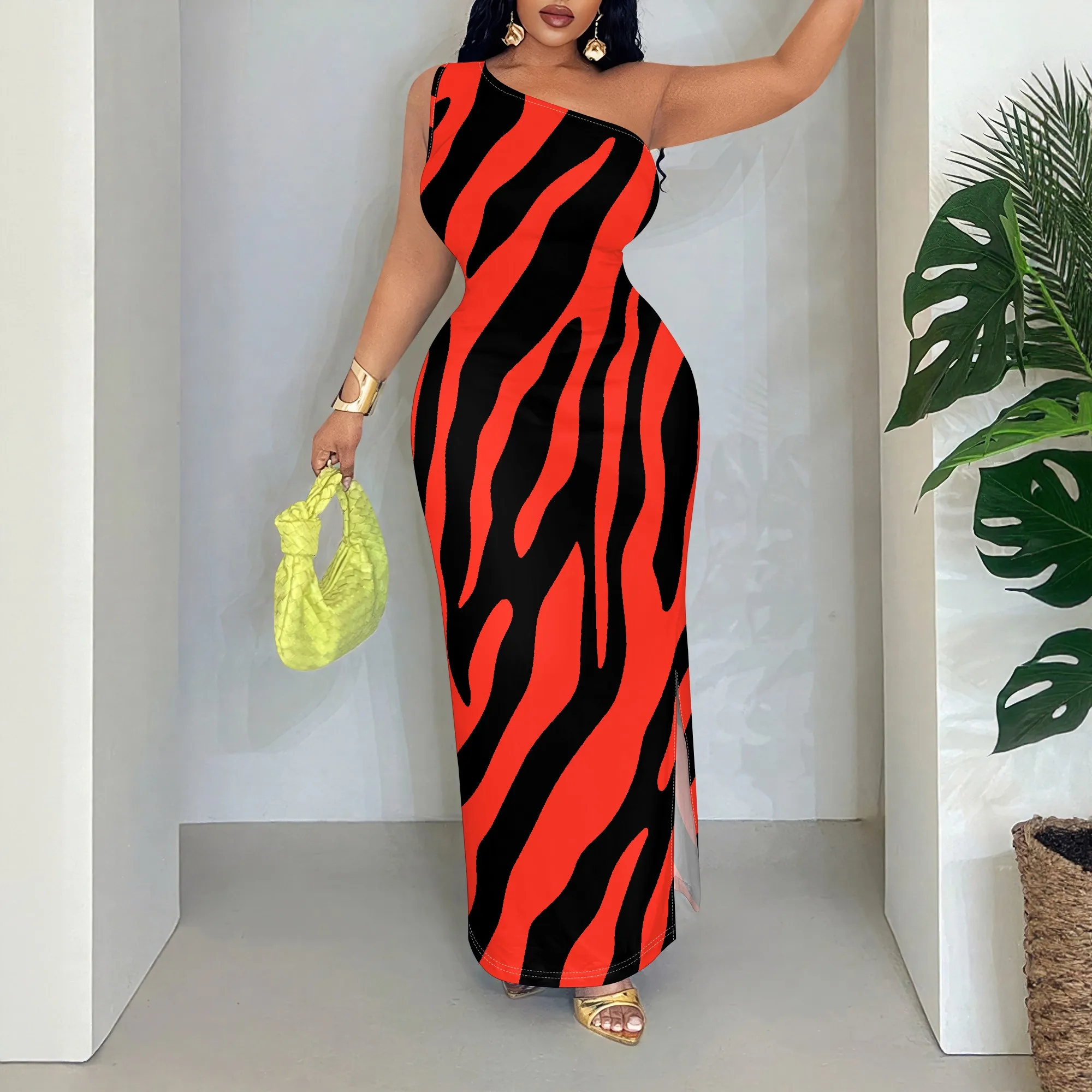 

Bold Striped One Shoulder Maxi Dress, Asymmetrical Neckline, Bodycon Fit, Clubwear, Party Night Out, S-2XL