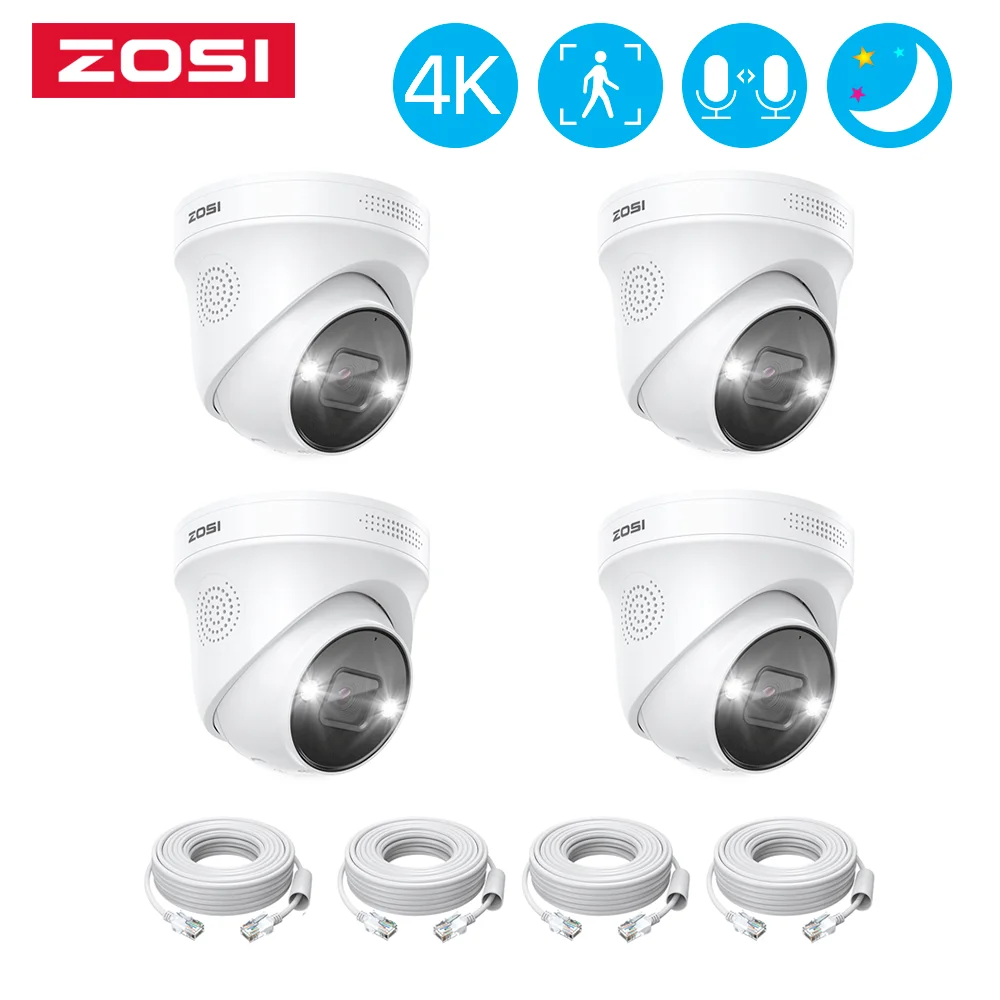 

ZOSI 4K Security Outdoor POE Camera 4pcs 8MP Starlight Night Vision Add-on IP Cameras Two Way Audio CCTV Video Surveillance