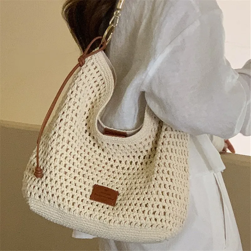 Vacation Woven Bag with Leather Round Shoulder Strap, Hollow Shoulder Bag, Summer Knitted Beach Bag for Women Work Travel Party
