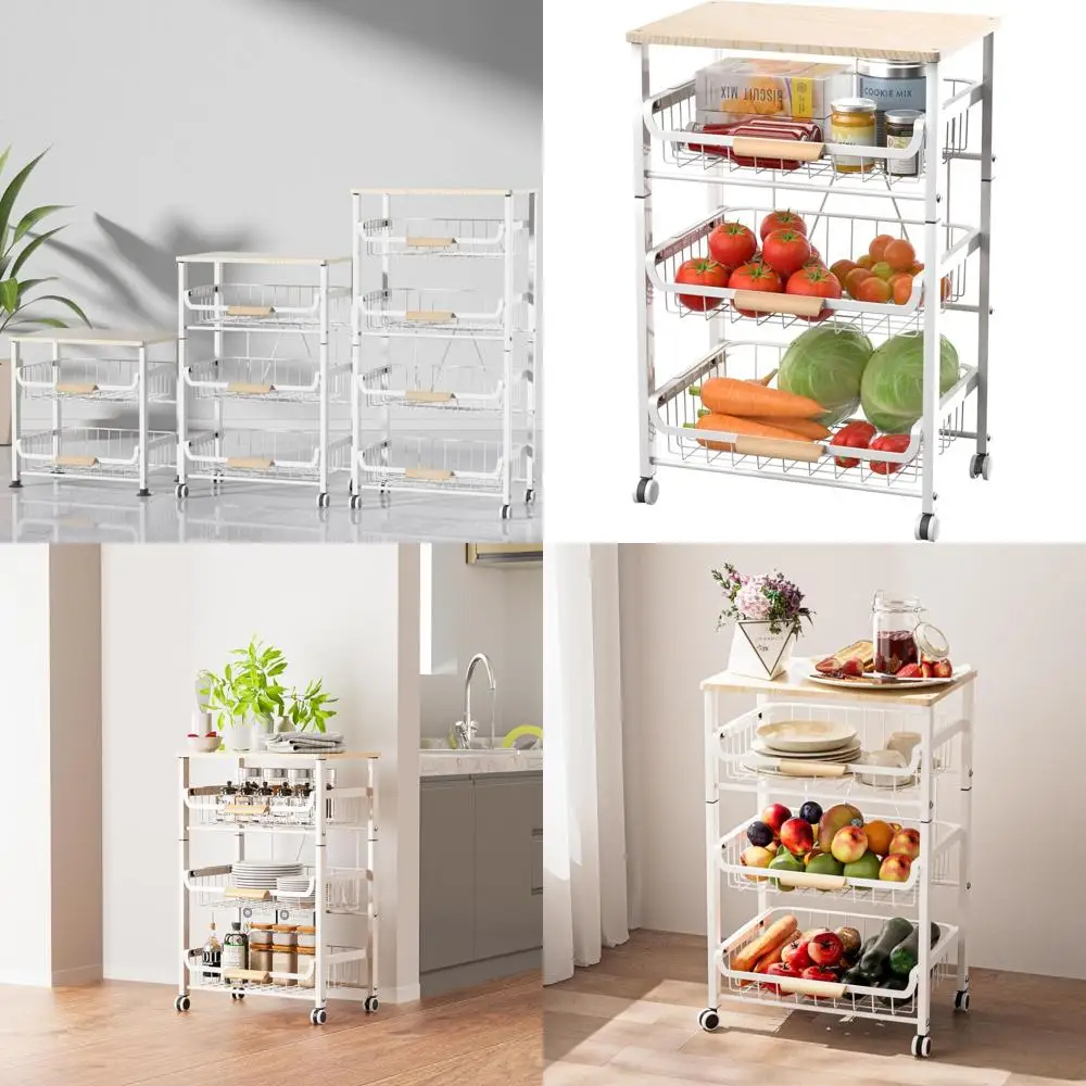 

4-Tier Rolling Metal Basket Stand with Wooden Top for Kitchen Snacks and Vegetables Storage (White)