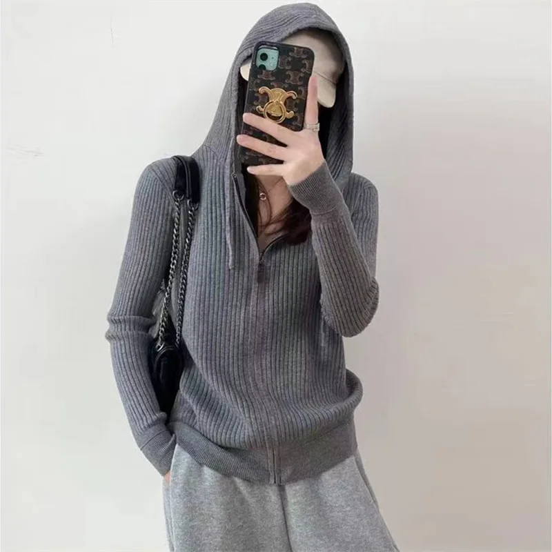 Autumn Winter New Hooded Sweatshirts Slim Base Knitwear Womens Design Sense Long Sleeve Sweater Trendy Zipper Knit Cardigan Tops