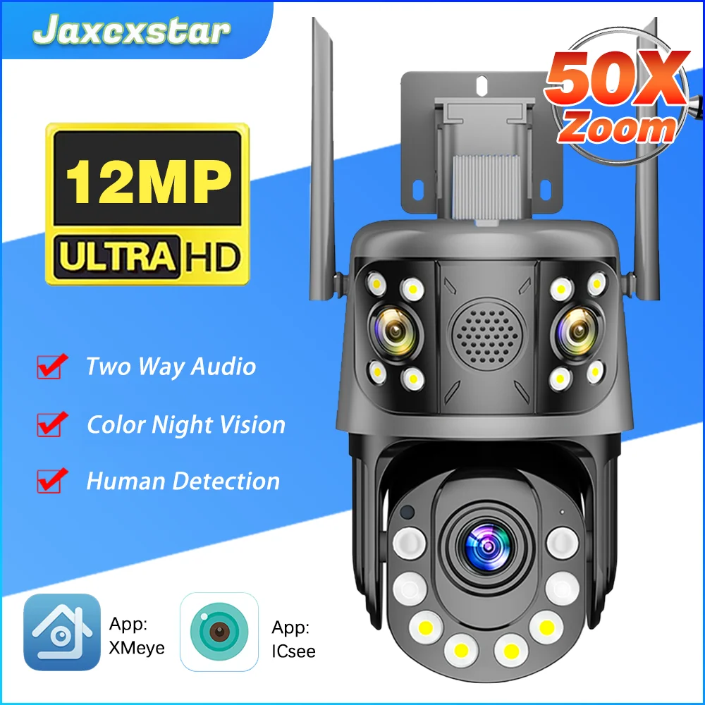 12MP 50X Optical PTZ Zoom Wifi Camera Three Lens Human Detection Two Way Audio Wireless Outdoor Waterproof CCTV security Camera