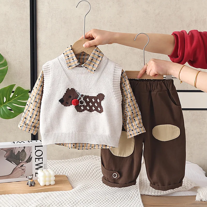 Spring Boys' Baby Clothes Outfits Sets kids Check Shirt+Knitted Tank Top+Pants Suits Fashion Design for infant Boys' Clothes set
