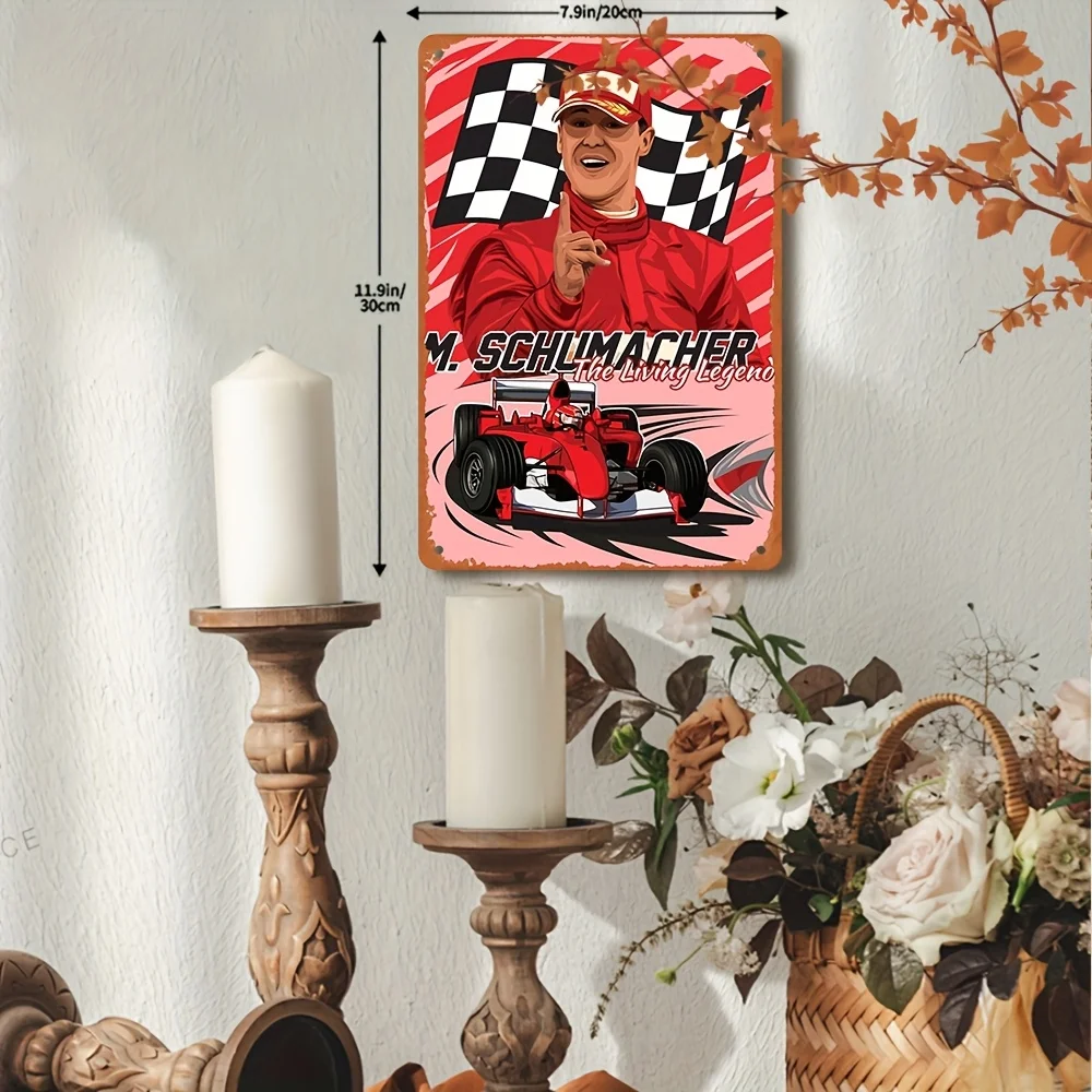 Vintage Michael Schumacher Racing Metal Sign -  Retro Iron Wall Art with Red Checkered Flag & Race Car Design, Motorsport Decor