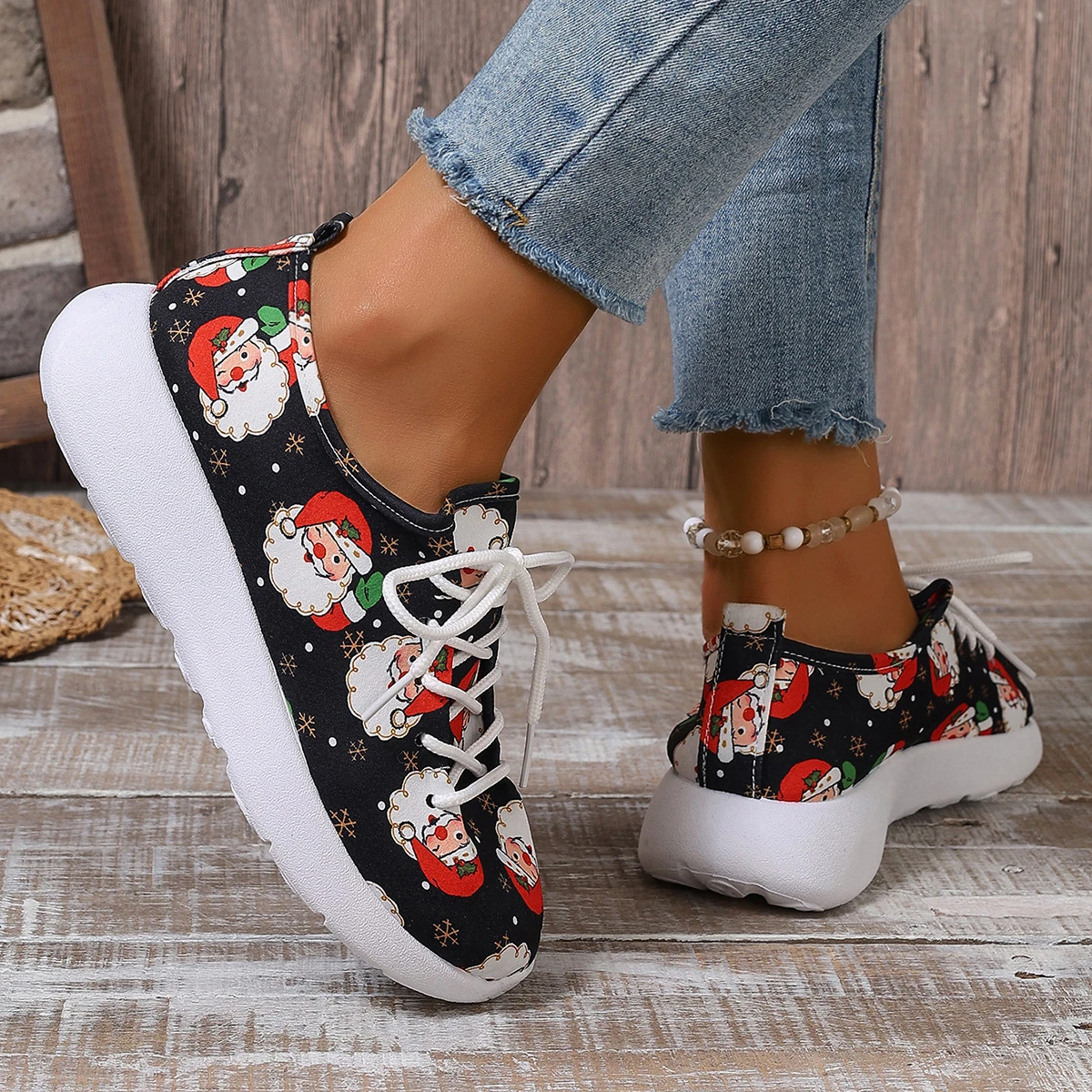 Christmas Style Printed Sneakers For Women Lightweight Non Slip Lace Up Flats Woman Comfortable Running Sports Shoes Plus Size