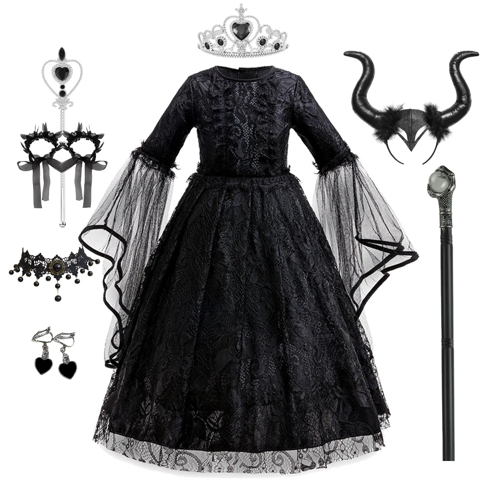 Girls Maleficent Inspired Witch Costume Set Black Lace Dress with Horns Crown Scepter Accessories Kids Halloween Cosplay Outfit