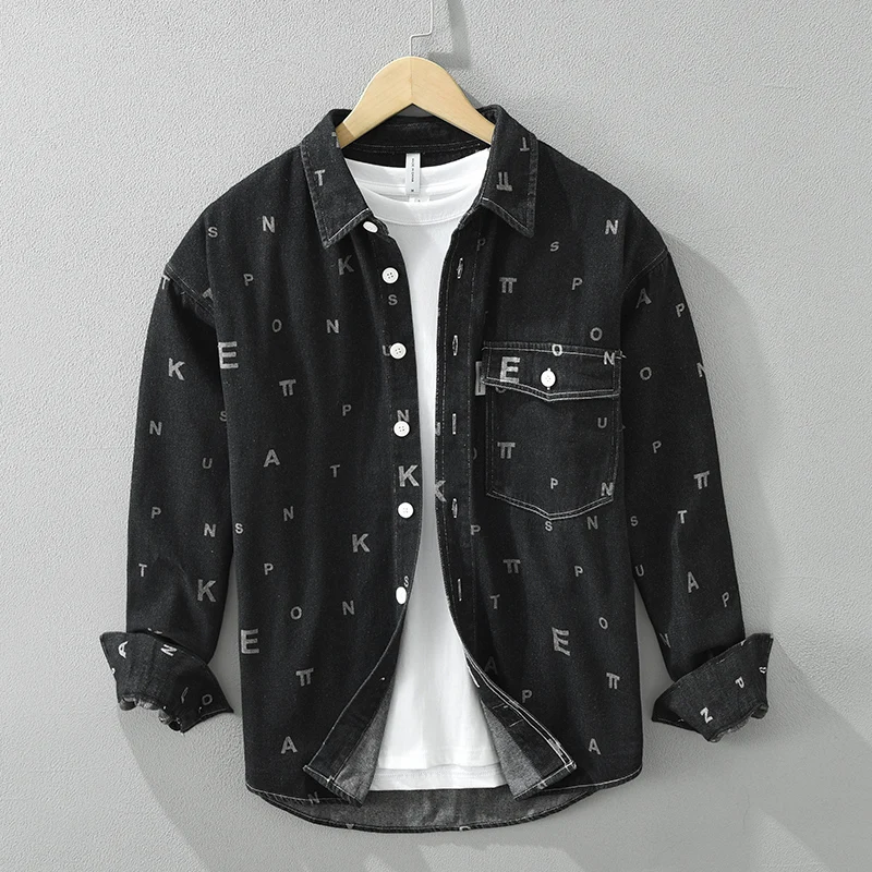 Fashion Letter Print Long Sleeve Denim Shirt for Men Pure Cotton Casual Cowboy Tops Clothing Male New Button Up Shirt