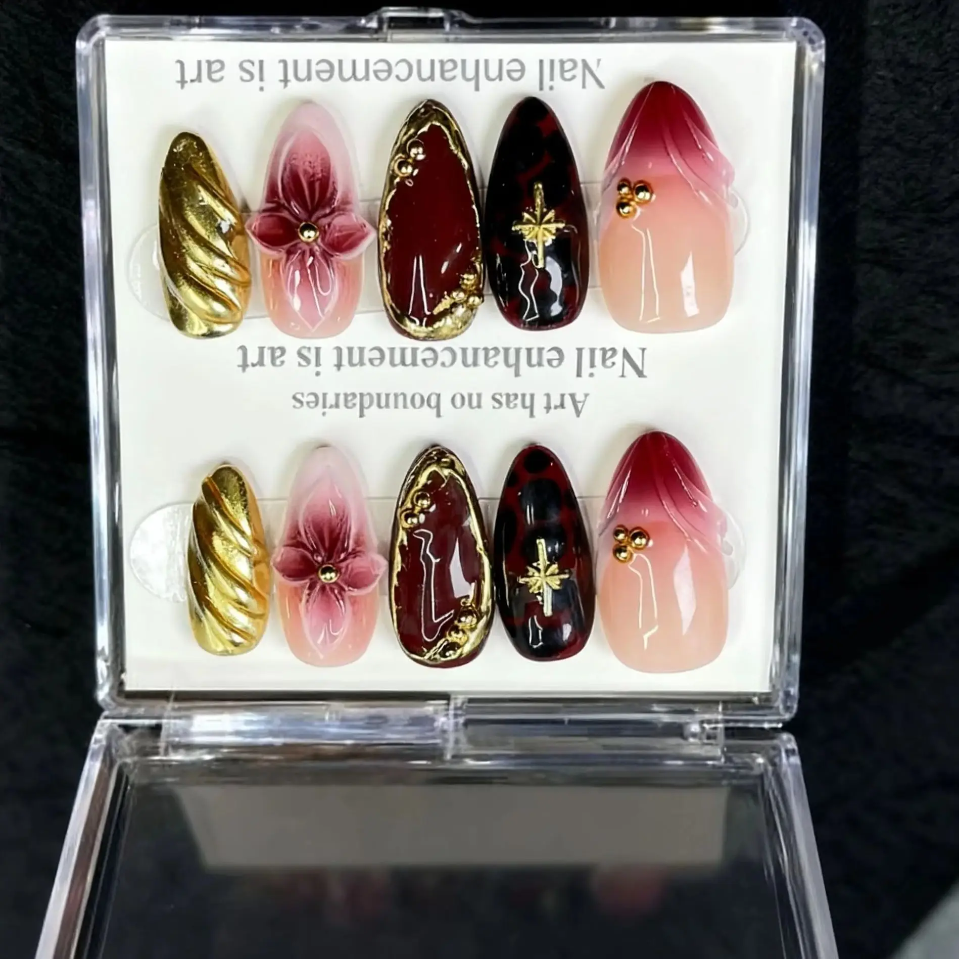 10 قطعة نمط معدني داكن اضغط على الأظافر عين القط الأظافر كاذبة ثلاثية الأبعاد الفضة غير النظامية خطوط الأظافر وهمية Y2k اللوز اليدوية مسمار ملصقات #2