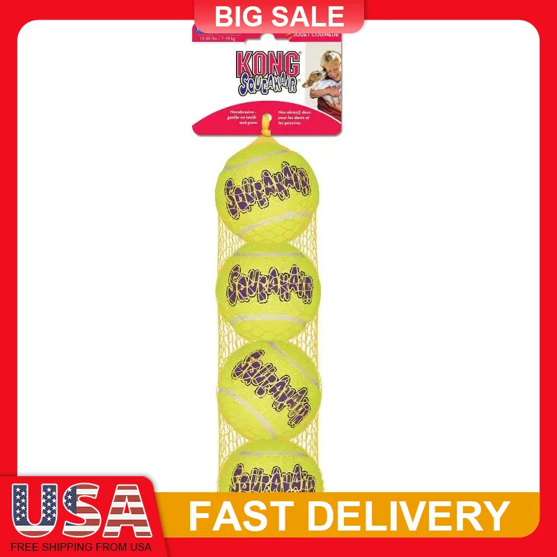 

SqueakAir Tennis Ball Dog Toy 4 Pack Non Abrasive Fetch Toy with Squeaker Gentle on Teeth for Medium Dogs Interactive Play