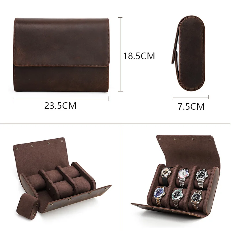 Classic Travel Storage Leather Bag PU Leather Watch Case Prevents Scratching Oxidation Watch Box 6 Slots Pouch Engravable Logo