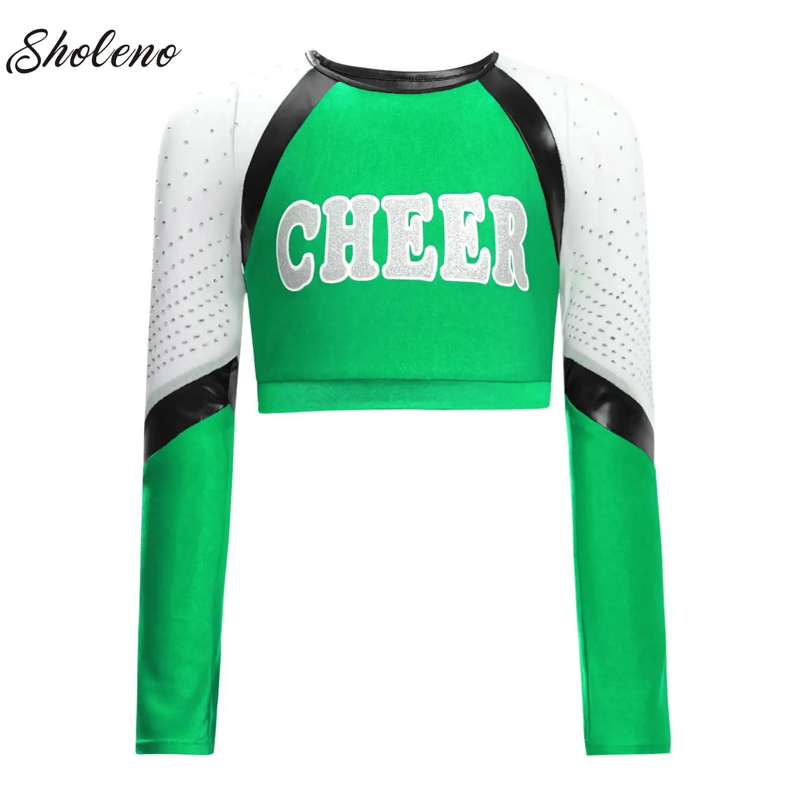 

Kids Girls Sequins Dance Top Sheer Mesh Long Sleeve Cheer Letter Print Crop T-shirt for Jazz Dance Cheerleading Performance