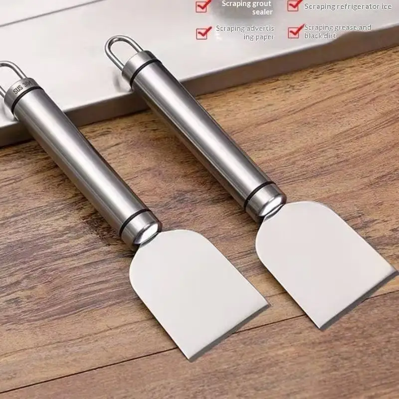 (BF06)Stainless Steel Cleaning Scraper With Rust Proof Blade Hanging Loop For Kitchen Grease Sticker Ice Residue Removal