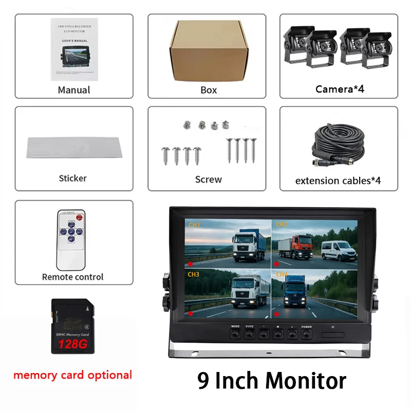 9 Inch AHD Quad Split Screen Monitor 4CH Night Vision Waterproof Rear View Reverse Camera System For Truck RV Vehicle Monitoring