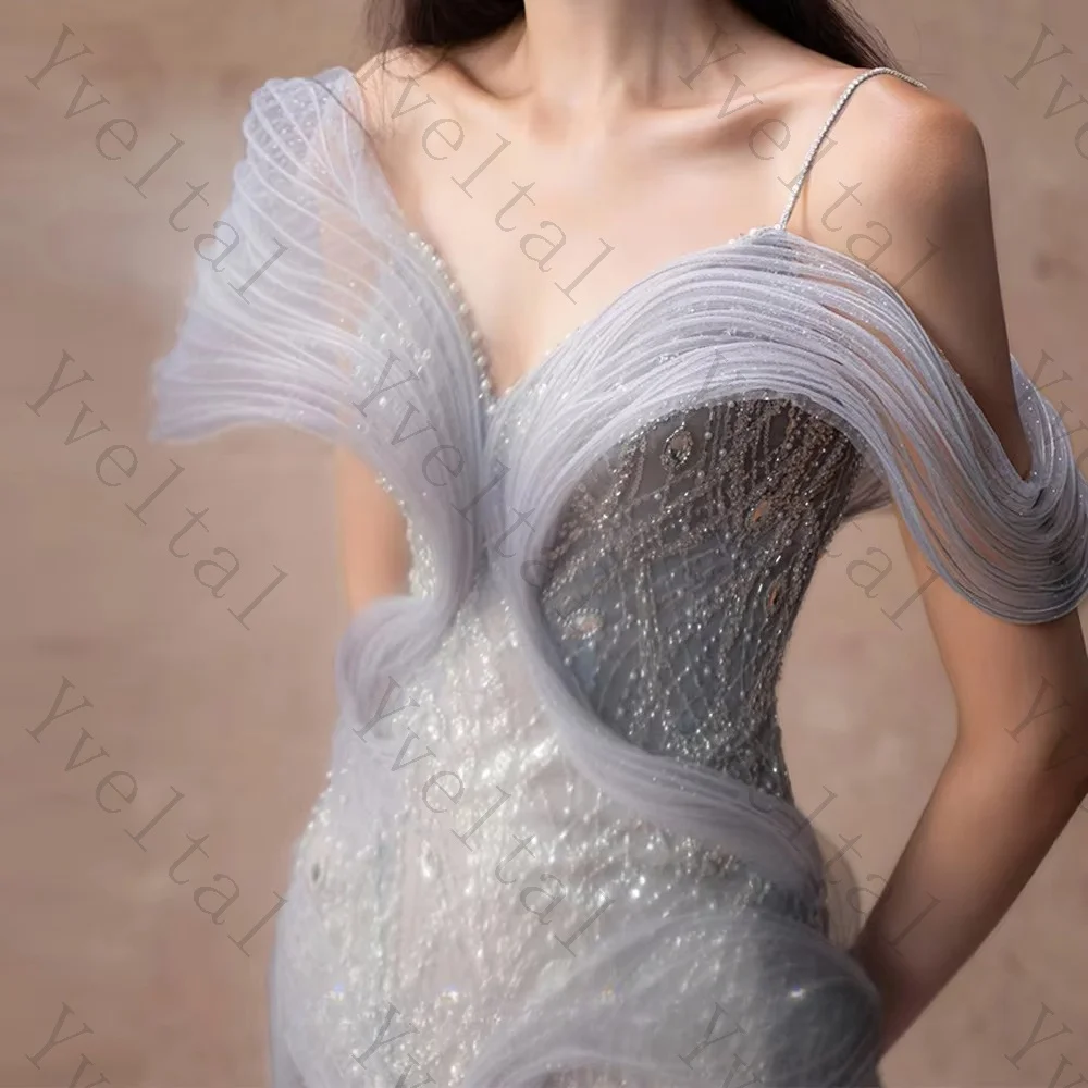 Customized Off Shoulder Mermaid Evening Gown Sparkling Sequined Beading Tulle Dress with Wavy Ruffle Details for Formal Party