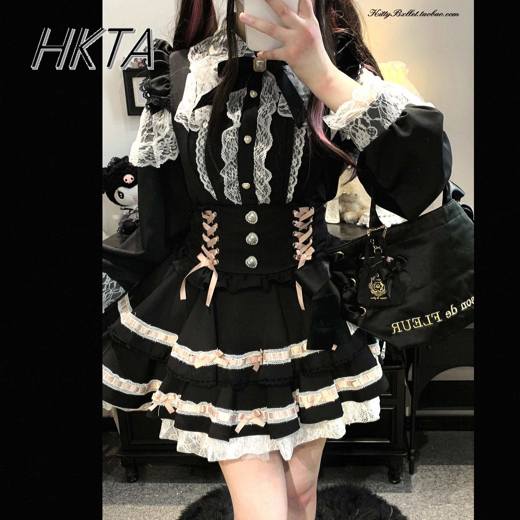 

Original Ruffle Edge Bow Strap Lace Chiffon Shirt Blouse Women High Waist Slim Ruffle Edge Pleated Skirt Japanese Mini Skirt Set