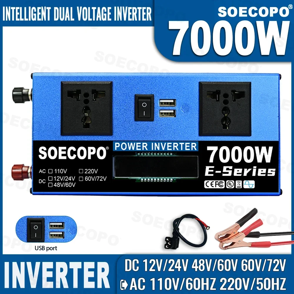 

Smart 7000W Inverter Dual Voltage DC12V/24V-48V/60V-60V/72V to AC110V/220V for Solar/Car/RV/Truck with Dual USB Ports&LCD Screen