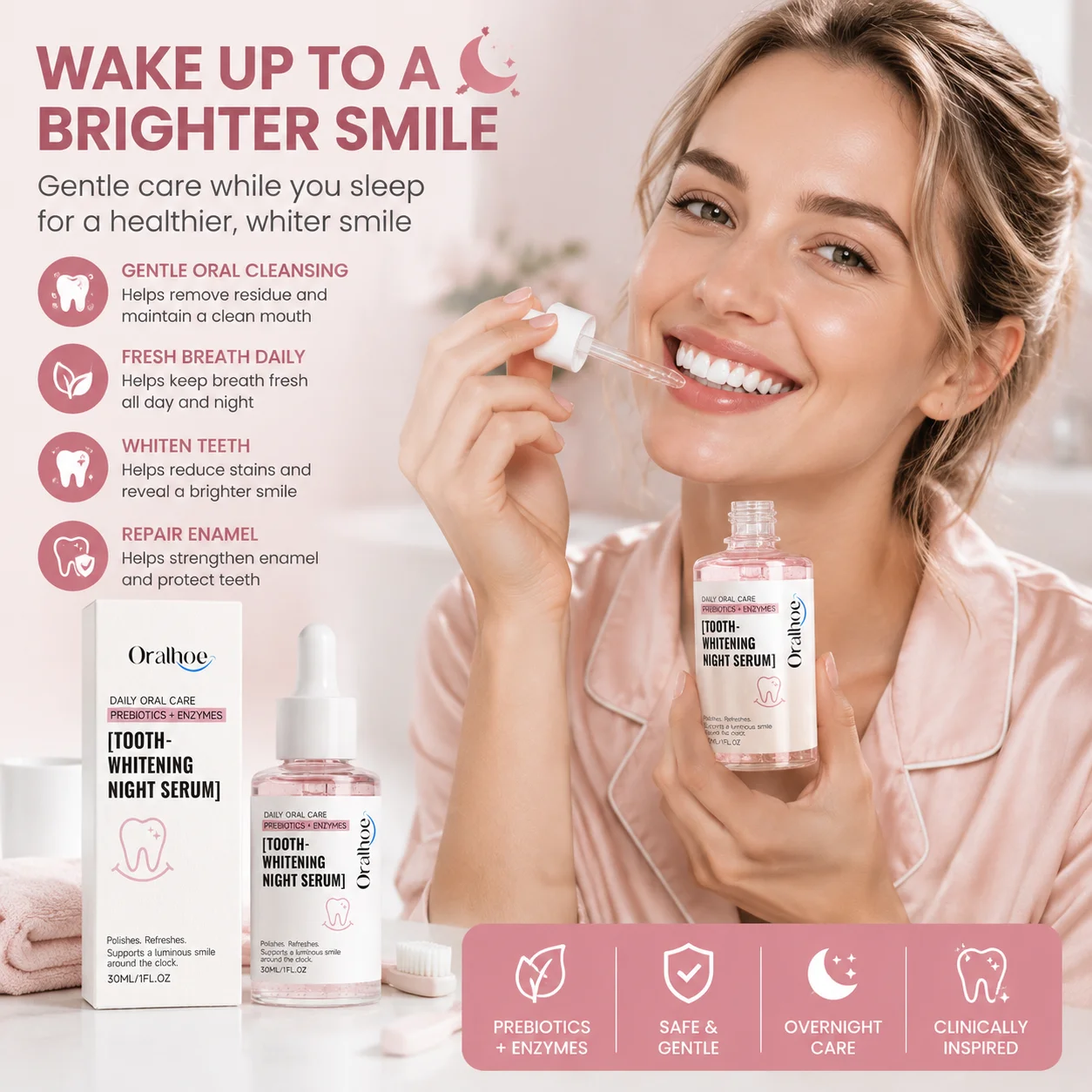 Oralhoe Teeth Whitening Serum Night Time Strengthening Tooth Enamel Repair Fresh Breath Gum Health Overnight Teeth Serum 30ml