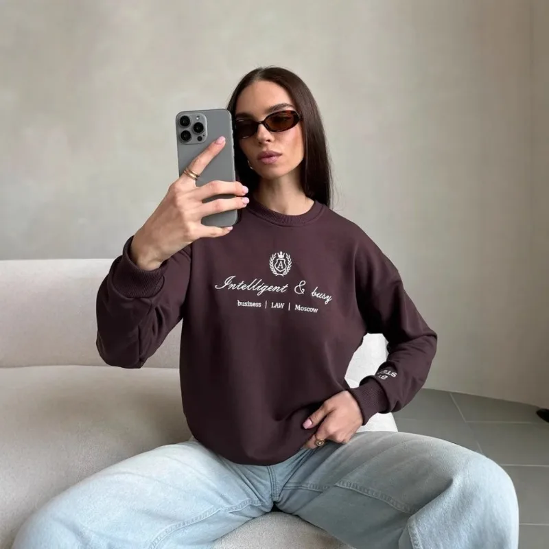 

Hot Selling Simple Letter Printed Round Neck Off Shoulder Sweatshirt for Women, Loose and Fashionable Versatile Long Sleeved Top