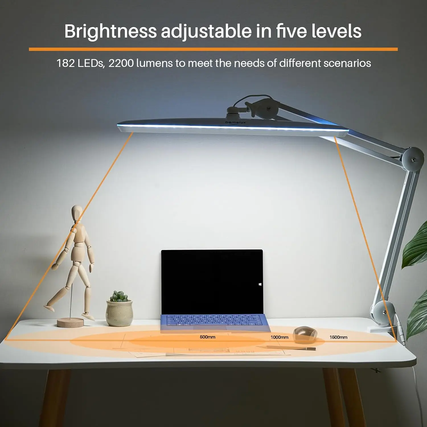 23" LED Desk Lamp with Clamp, 182 LEDs, 5 Color Temps & Brightness Levels, Dimmable Swing Arm Light