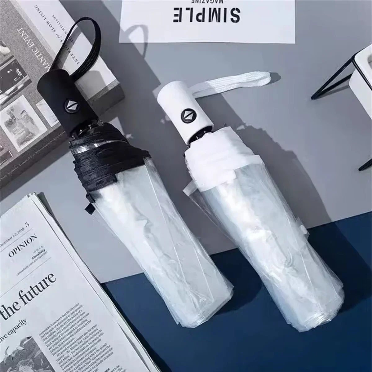 1pc-透明傘折りたたみ式自動開閉傘フォレストトリプルフォールド学生用日傘