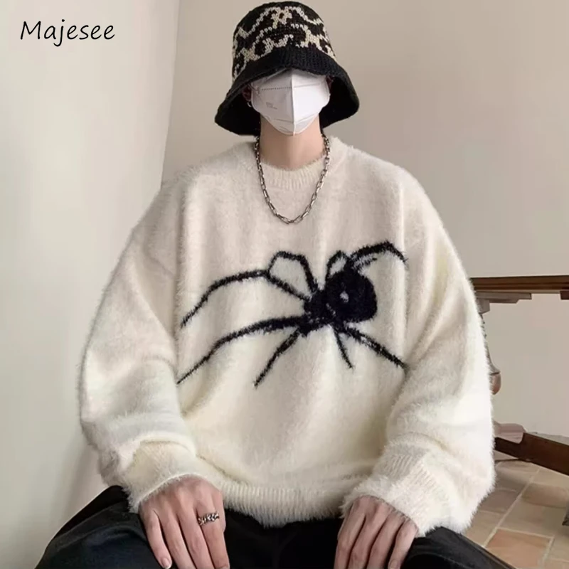 

Knitted Sweaters Men Spider Print Fluffy Baggy Pullovers Soft High Street American Style Handsome Couple Inner Jumper All-match