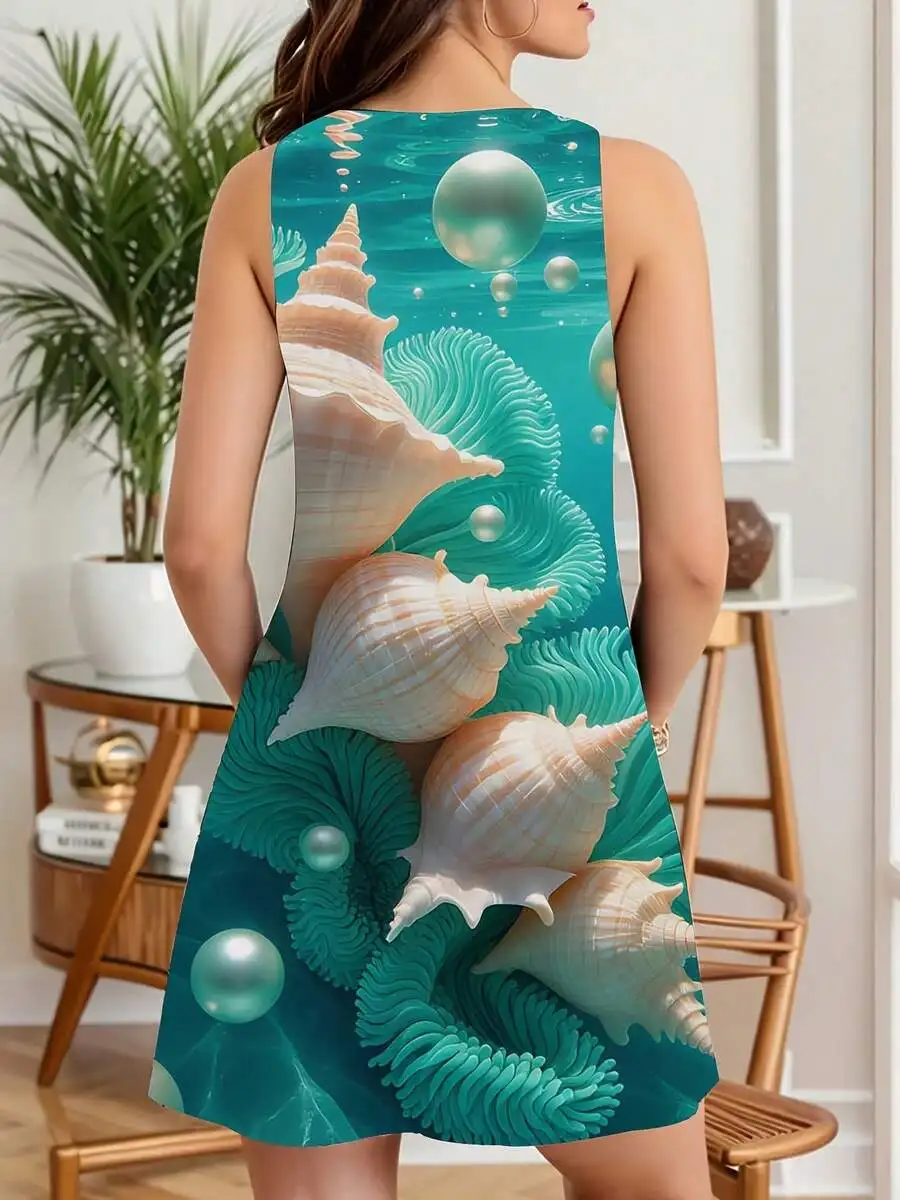 

Women Sleeveless Dress Sea Shell And Pearl Print Summer Beach Vacation