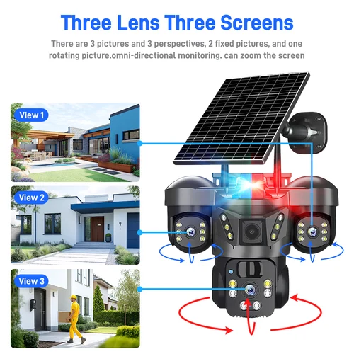 Imagen 2 del producto Cámara de seguridad Solar WiFi 2,4G, tres pantallas PTZ Pan Tilt, batería de 8000mAh, vigilancia Solar inalámbrica, protección de seguridad