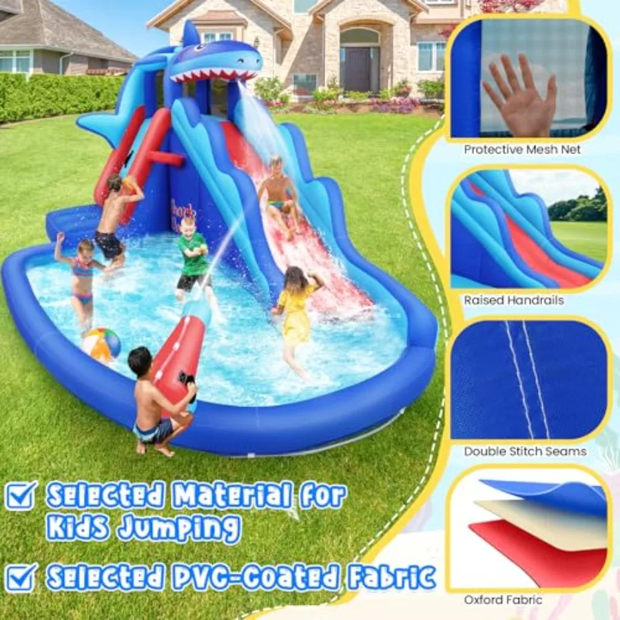 Outdoor/Indoor inflatable water slide bounce house for kids 3-12 shark-themed blue and yellow with climbing wall long slide and view 3