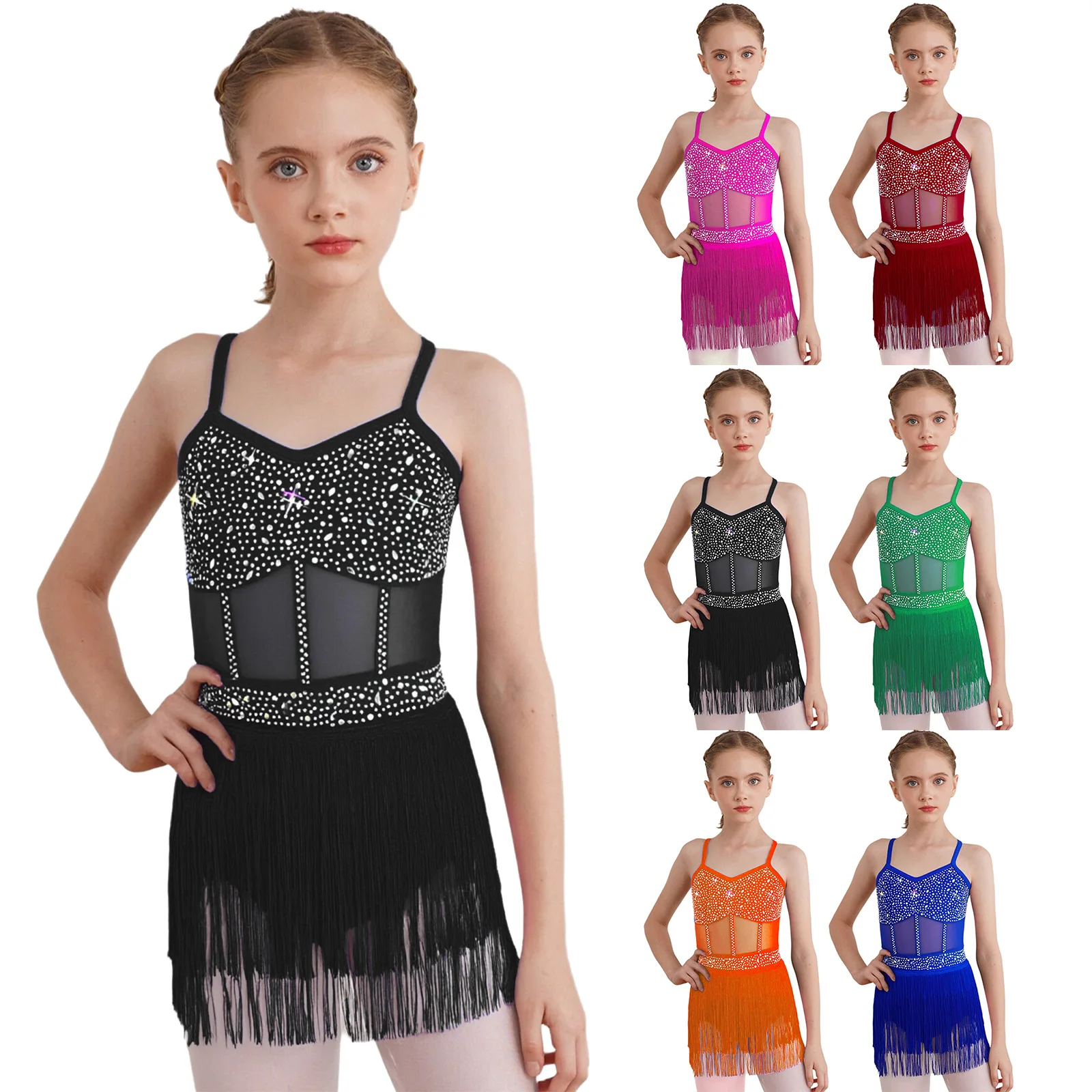Dziewczęca sukienka do tańca latynoamerykańskiego i tanga z dżetami, przezroczysta siateczka, warstwowa, z frędzlami i chwostami, jednoczęściowa sukienka typu body, strój do gimnastyki i tańca.