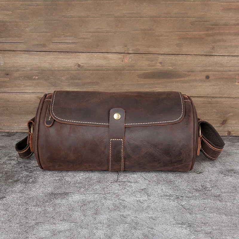 Men's casual leather shoulder bag retro top layer cowhide cylindrical pillow bag fashion bucket shaped shoulder bag mailman bag