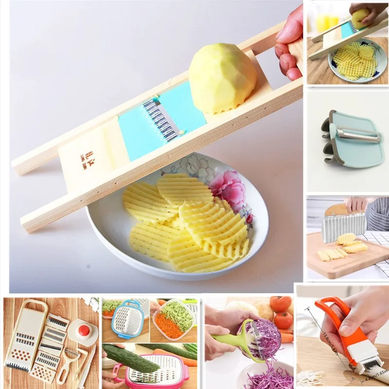 Wooden Potato Grid Slicer Vegetable Grater Corrugated Net Chopper Cutter Wave Knife Chipper Salad Kitchen Shredder Peeler Masher