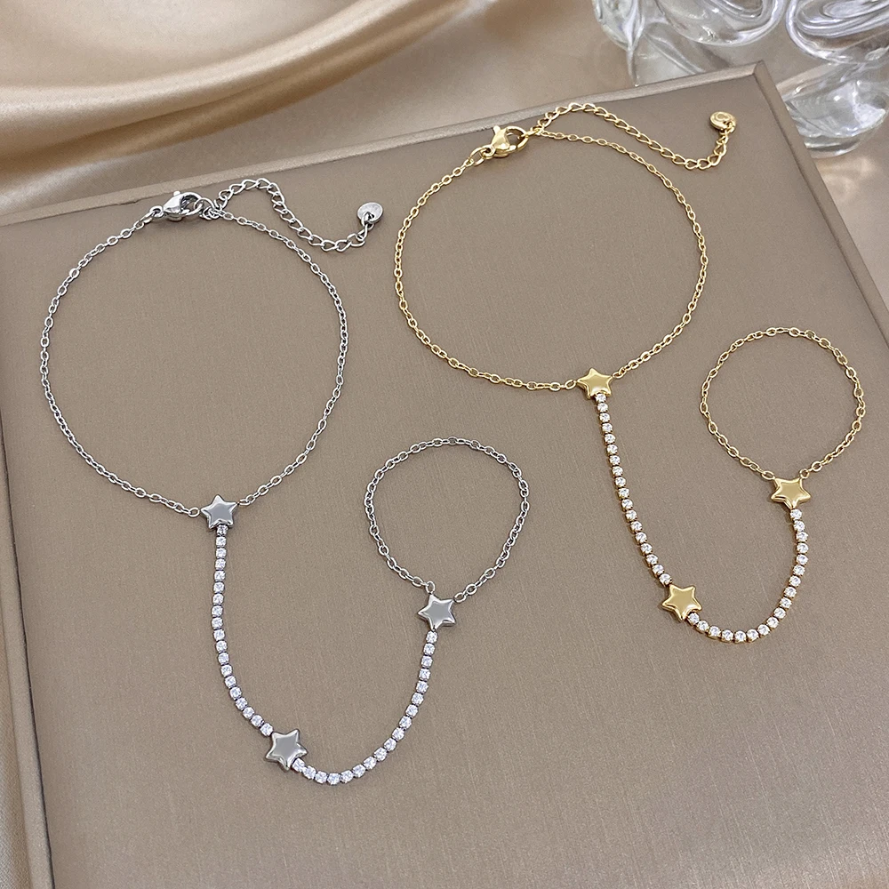 Cute Micro Inlaid Zircon Star Bracelet for Women Gold Silver Color Stainless Steel Link Connected Finger Ring Bracelets