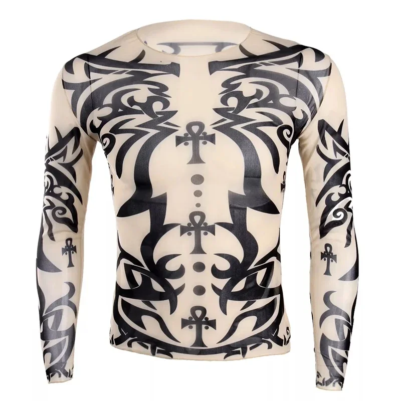 Mens 3D Tribal Tattoo Print Long Sleeve T-Shirt Egyptian Ankh Symbol Fake Tattoo Crew Neck Casual Novelty Halloween Cosplay Tops