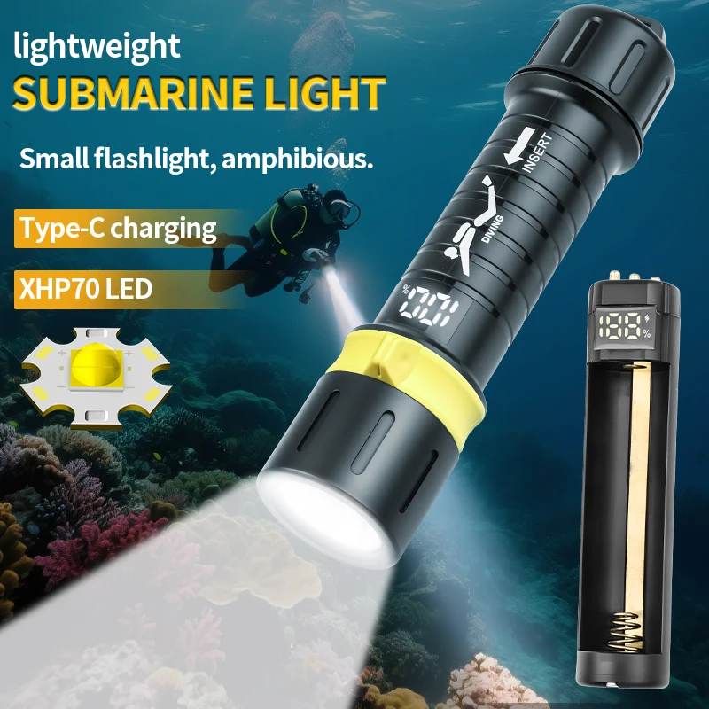 IPX8 Highest Waterproof Diving Flashlight High Power Professional Dive Light with Digital Charger Case & Adjustable Wrist Strap