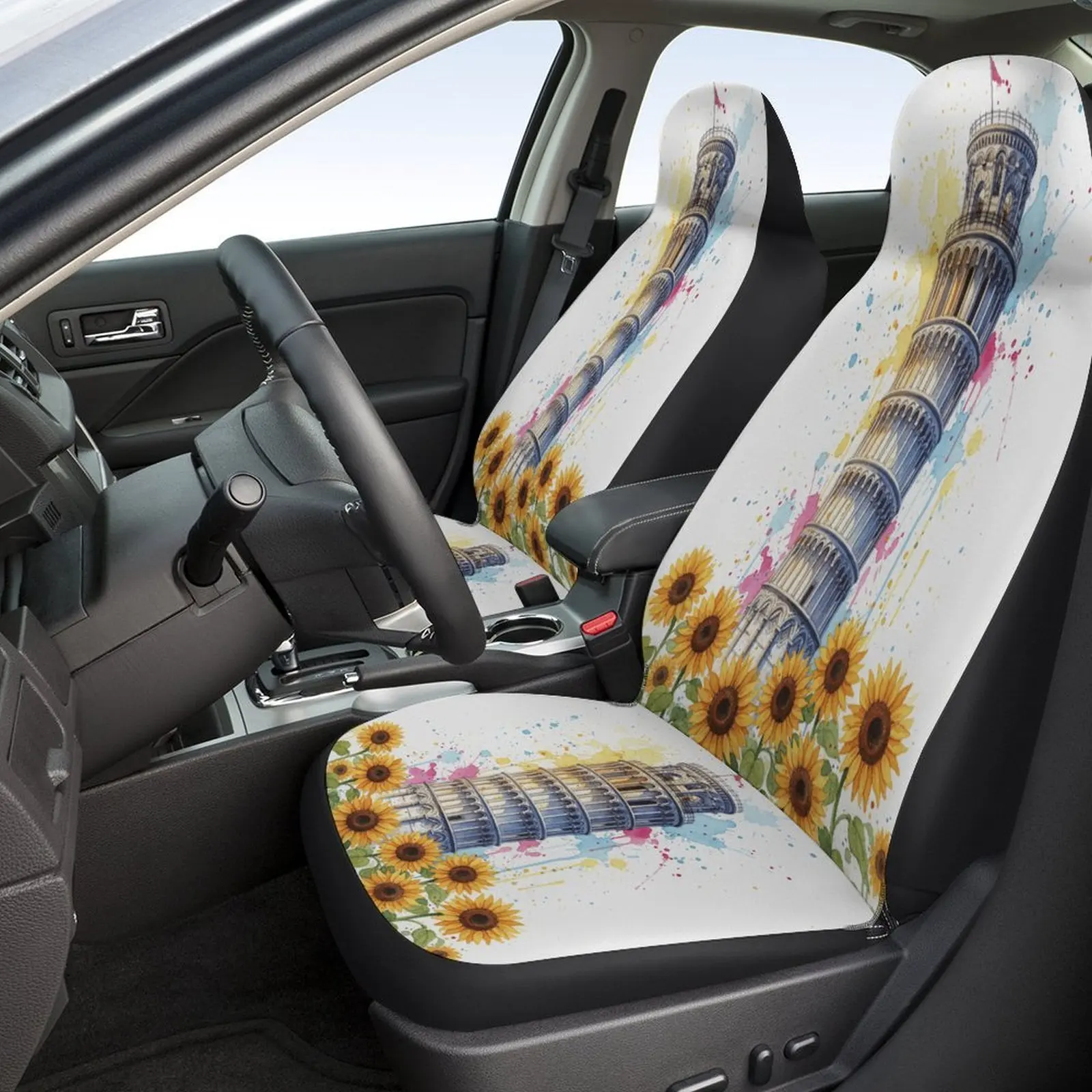 Sunflowers And Tower Designed Car Seat Covers Set For Most Cars, Trendy Breathable Decorative Car Seat Protector Covers Full Set