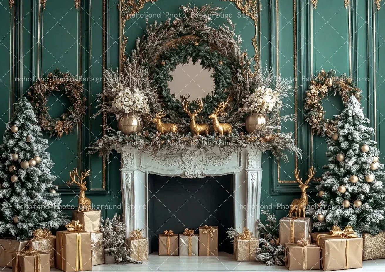 Mehofond Photography Background Christmas Tree Dark Green Wall Gift Box Fireplace Golden Deer Kid Family Portrait Backdrop Decor