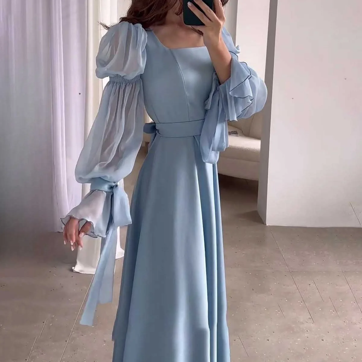 Sky Blue Women Evening Dresses Long Sleeve Silk Satin A Line Formal Prom Dress Floor Length Evening Party Gowns with Belt