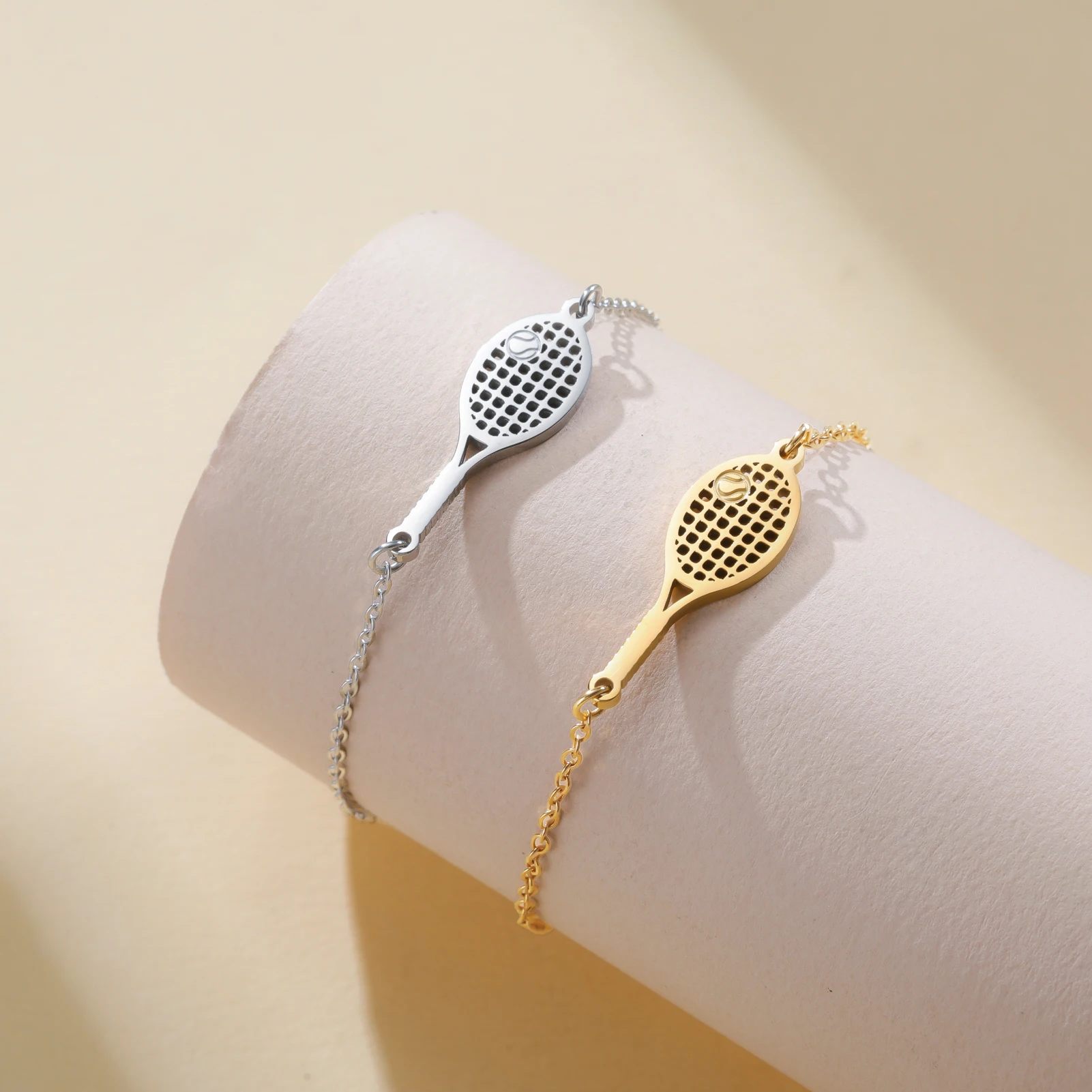 Charm tennis racket bracelet stainless steel simple double chain bead bracelet wrist jewelry Valentine's Day gift