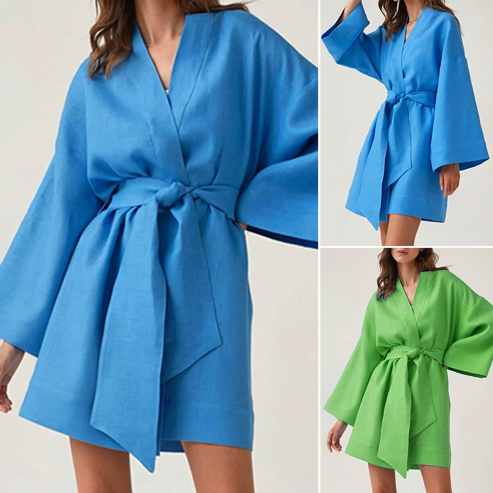 Women\'s V-Neck Kimono Cardigan Mini Dress Cotton Linen Long Sleeve Sashes Dresses Robe Style Lace Up Summer Loose Vestidos