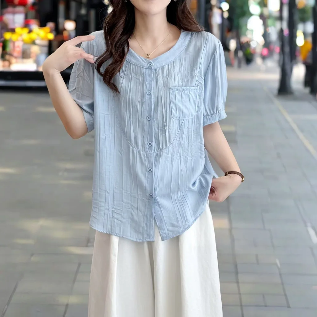 100kg 여름 블라우스 새로운 스타일 얇은 포켓 반팔 셔츠 플러스 사이즈 여성 캐주얼상의 2512