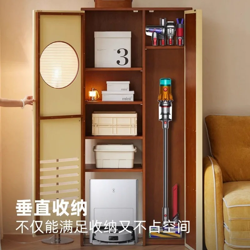 Nordic solid wood housekeeping cabinet retro small apartment movable wall sweeping robot storage cabinet living room locker