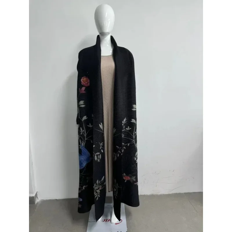 Miyake Pleated High-end Retro Printed Lace-up Windbreaker Jacket Middle Eastern New Large Size Loose Middle Eastern Robe Dress