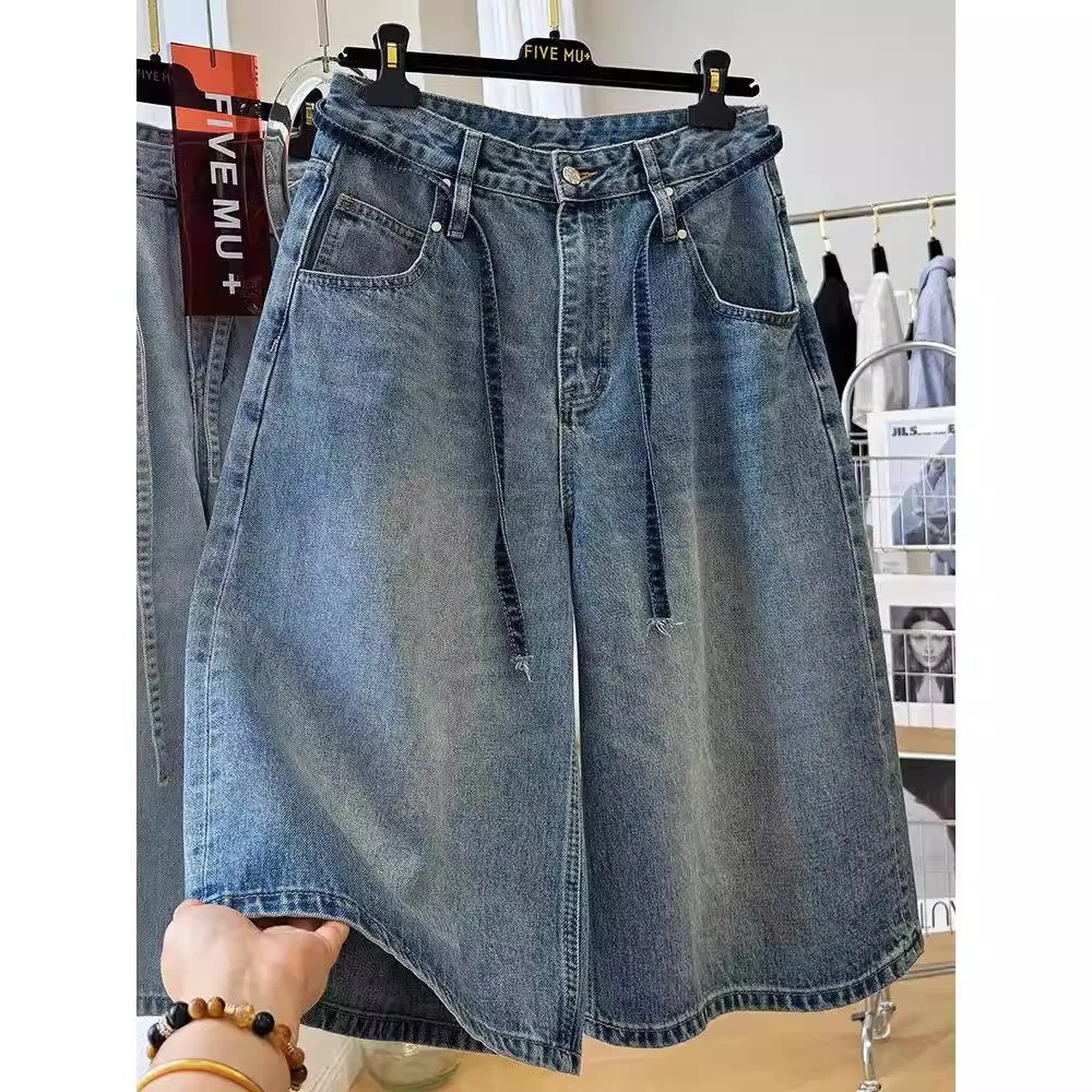 

Summer Loose Wide Leg Casual Jeans Men's New Style Belted Loose Fit Long Pants Polyester Fiber mid Waist Cleanfit Style