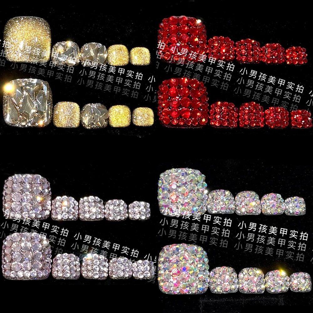 

Luxury Glitter Colorful Diamond Handmade Press On Foot Nail Cute Cat Eyes Butterfly Leopard Print Reusable Full Cover Foot Nail