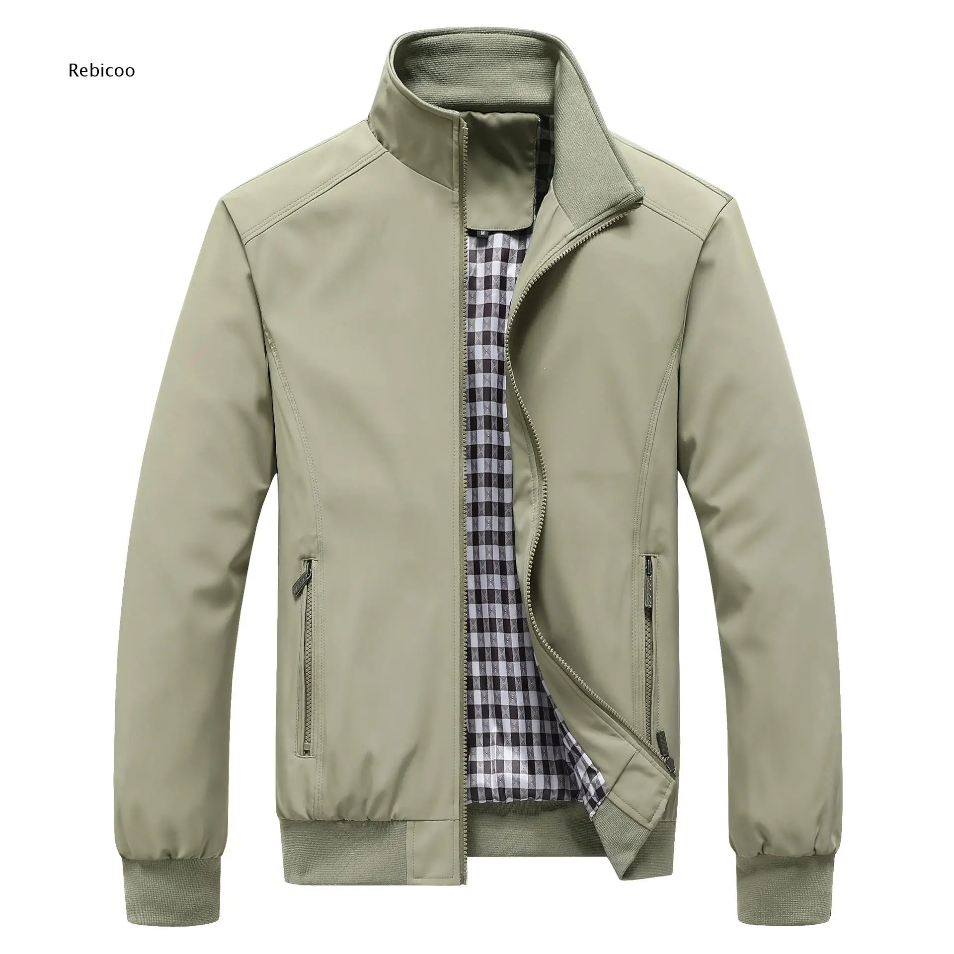 Mens Stand Collar Zip Up Bomber Jacket Plaid Inner Lining Zipper Side Pockets For Office Business And Daily Outdoor Occasions