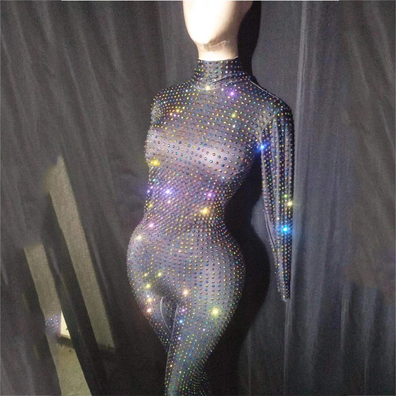 

Long Sleeves Full Rhinestones Jumpsuit Pole Dancer Costume Women Singer Dancer Stage Rave Outfits Gogo Dance Clothing XS1275